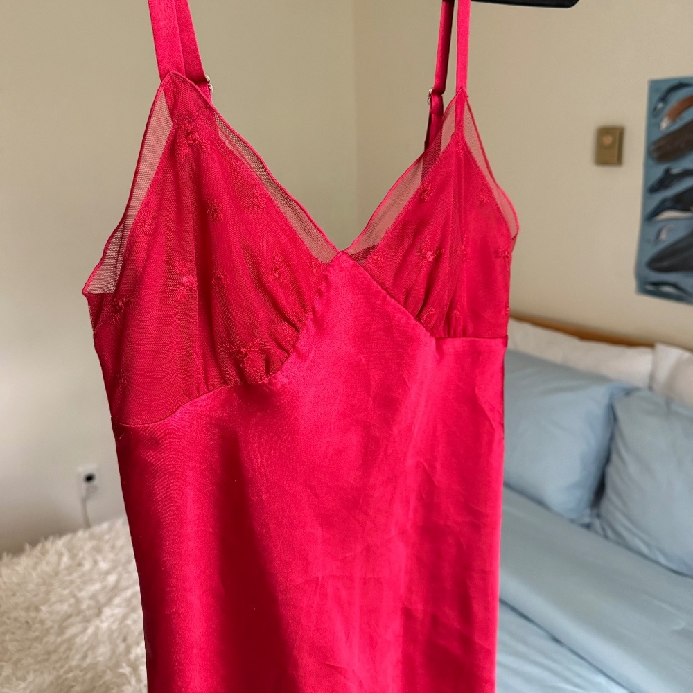 VINTAGE red lace/mesh babydoll midi slip lingerie dress